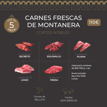 Selección Carne Fresca de Bellota 100% Ibérica "Encinares del Sur" compuesta de: 1 pieza de Presa, 2 de Pluma, 2 de Solomillo, 2 de Secreto y 1 de Lomo. En total un pack de 8 piezas en 5 bolsas de 600 a 700 gr por bolsa