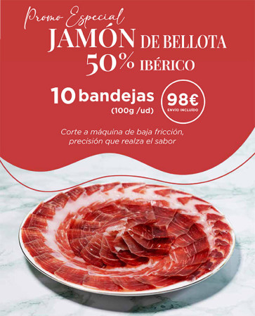 10 sobres de 100 gramos de Jamón de Bellota 50% Ibérico "Solera Ibérica" loncheado a máquina