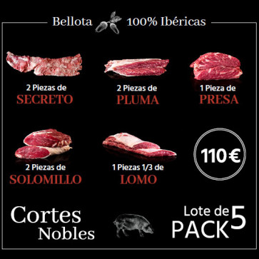 Selección Carne de Bellota 100% Ibérica "Encinares del Sur" compuesta de: 1 pieza de Presa, 2 de Pluma, 2 de Solomillo, 2 de Secreto y 1 de Lomo. En total un pack de 8 piezas en 5 bolsas de 600 a 700 gr por bolsa